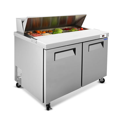 Orikool 48 IN Commercial Refrigerators Sandwich&Salad Prep Table with a Butcher Block Cutting Board, Protection Lid, Cold Storage, ETL Certified - 1st Choice Furniture Direct