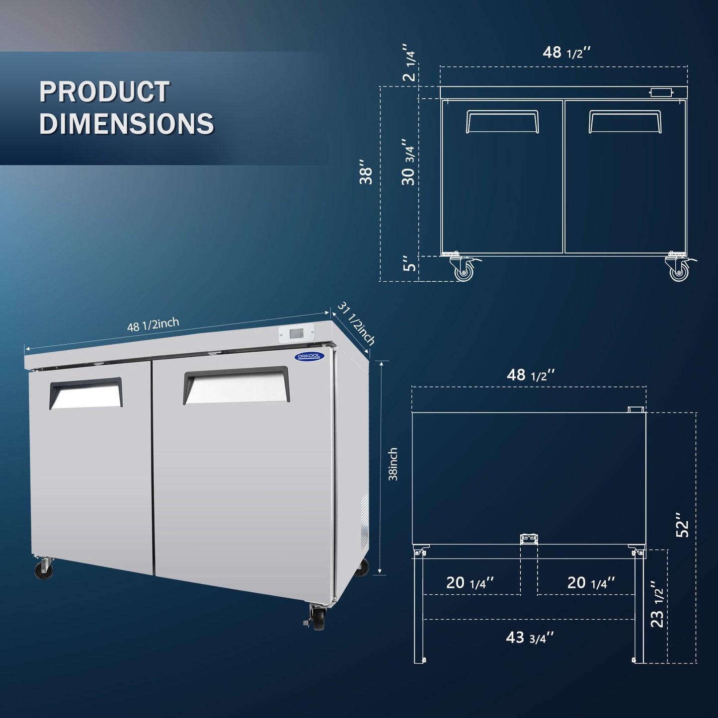 Orikool 48 IN Commercial Refrigerators, Undercounter Refrigerators 14.1 Cu.Ft with Smooth Casters, 2 Doors, ETL Listed for Restaurants, Cafes, Bars And Pizzerias - 1st Choice Furniture Direct