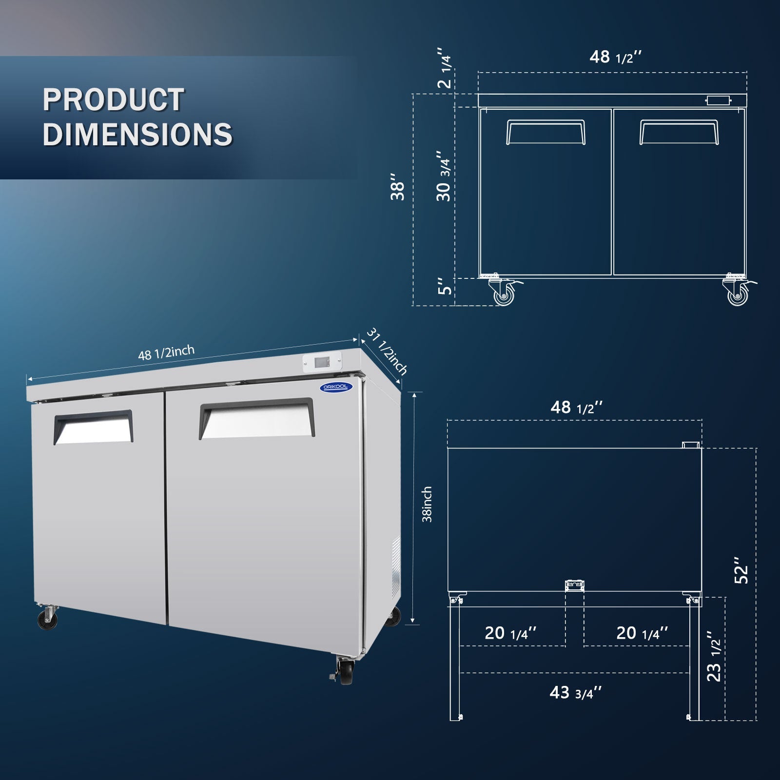 Orikool 48 IN Commercial Refrigerators, Undercounter Refrigerators 14.1 Cu.Ft with Smooth Casters, 2 Doors, ETL Listed for Restaurants, Cafes, Bars And Pizzerias - 1st Choice Furniture Direct
