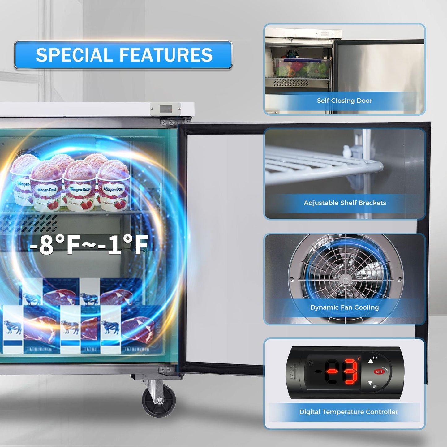 ORIKOOL 60' Commercial Under Counter Freezer 2 Door 18.5 Cu.ft Undercounter Work Top Freezers ETL Approved - 1st Choice Furniture Direct