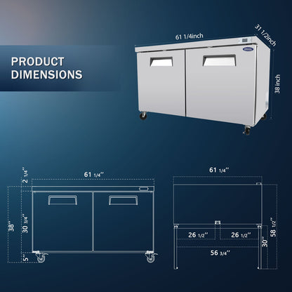 ORIKOOL 60' Commercial Under Counter Freezer 2 Door 18.5 Cu.ft Undercounter Work Top Freezers ETL Approved - 1st Choice Furniture Direct