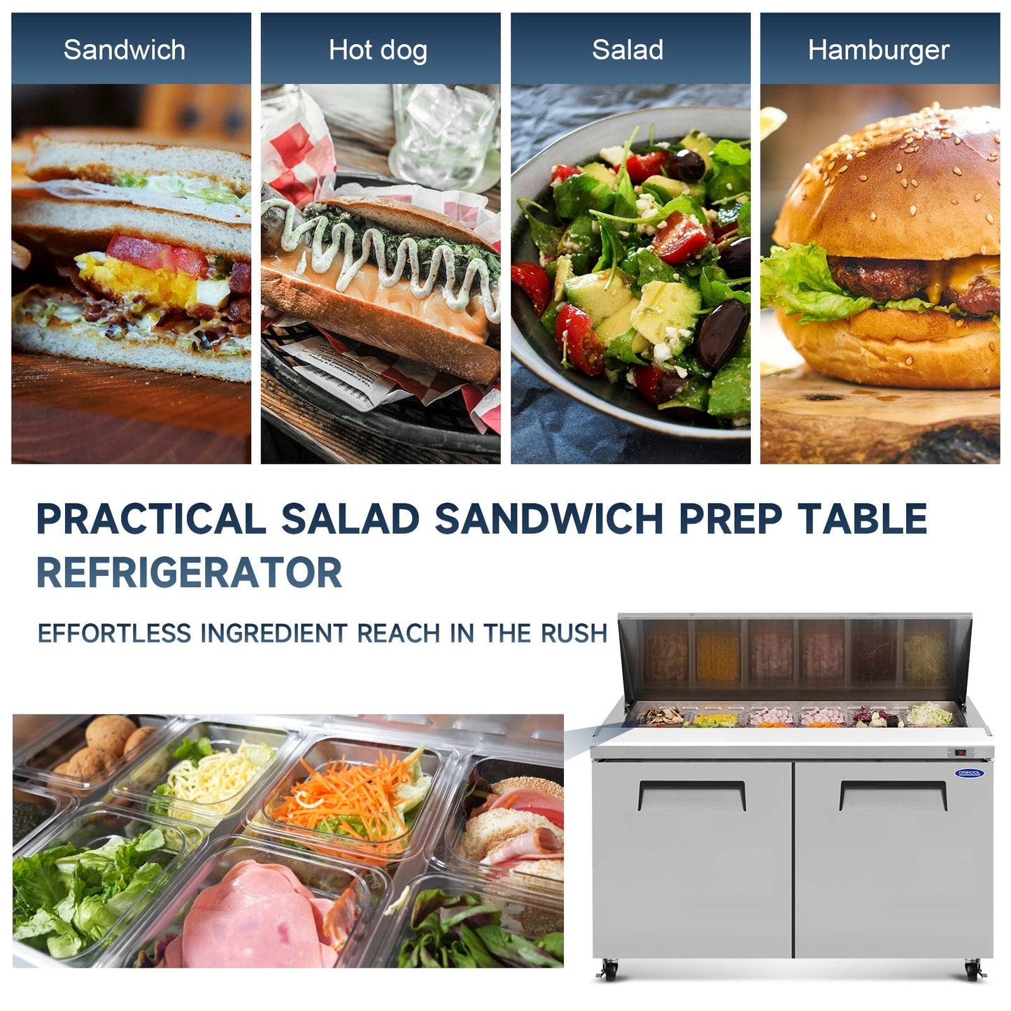 Orikool 60 IN Commercial Refrigerators Sandwich&Salad Prep Table with a Butcher Block Cutting Board, Protection Lid, Cold Storage, ETL Certified - 1st Choice Furniture Direct