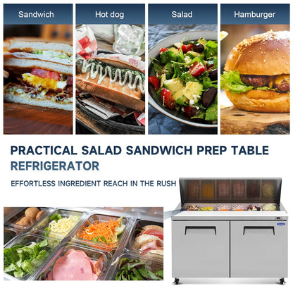 Orikool 60 IN Commercial Refrigerators Sandwich&Salad Prep Table with a Butcher Block Cutting Board, Protection Lid, Cold Storage, ETL Certified - 1st Choice Furniture Direct