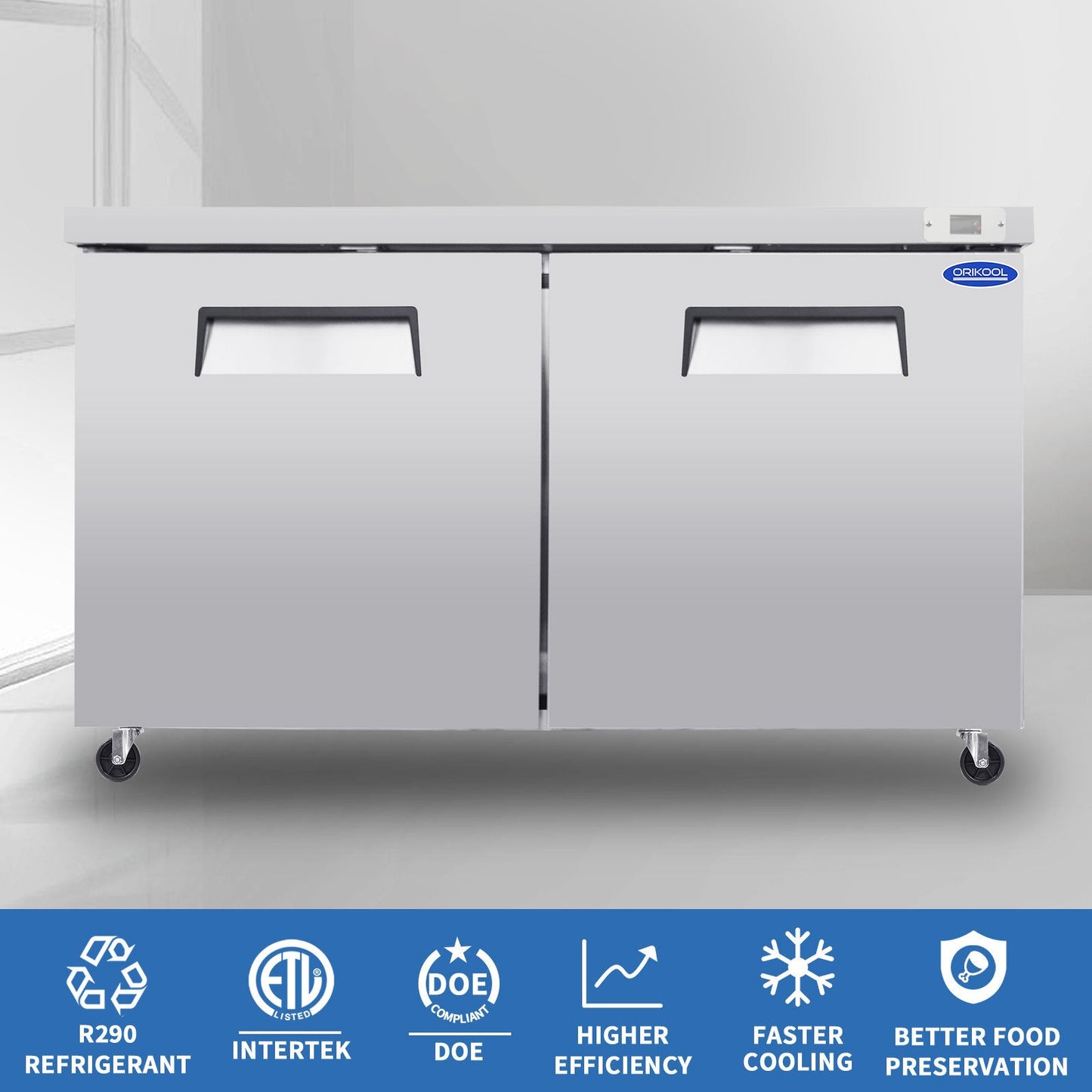 Orikool 60 IN Commercial Refrigerators, Undercounter Refrigerators 18.5 Cu.Ft with Smooth Casters, 2 Doors, ETL Listed for Restaurants, Cafes, Bars And Pizzerias - 1st Choice Furniture Direct