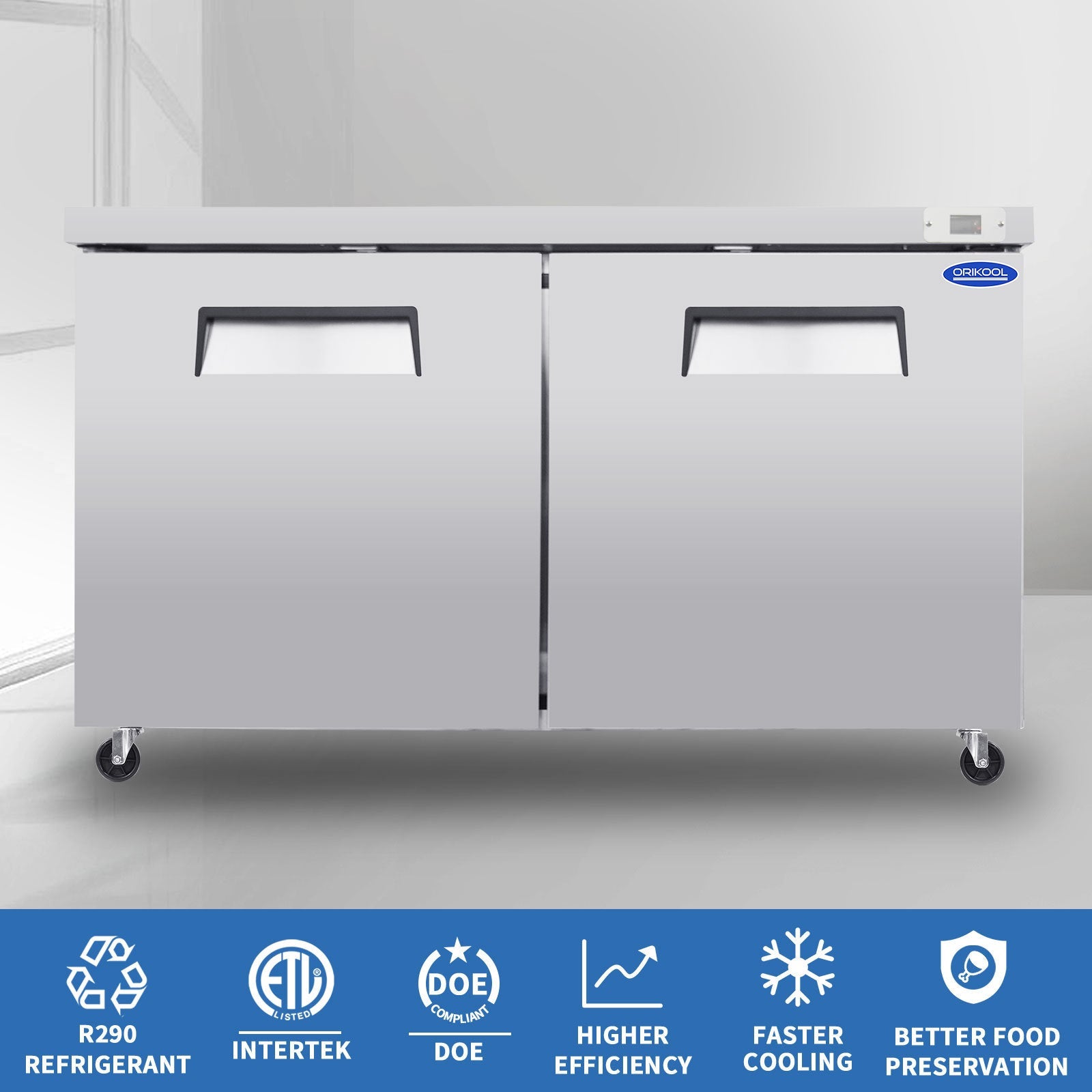 Orikool 60 IN Commercial Refrigerators, Undercounter Refrigerators 18.5 Cu.Ft with Smooth Casters, 2 Doors, ETL Listed for Restaurants, Cafes, Bars And Pizzerias - 1st Choice Furniture Direct
