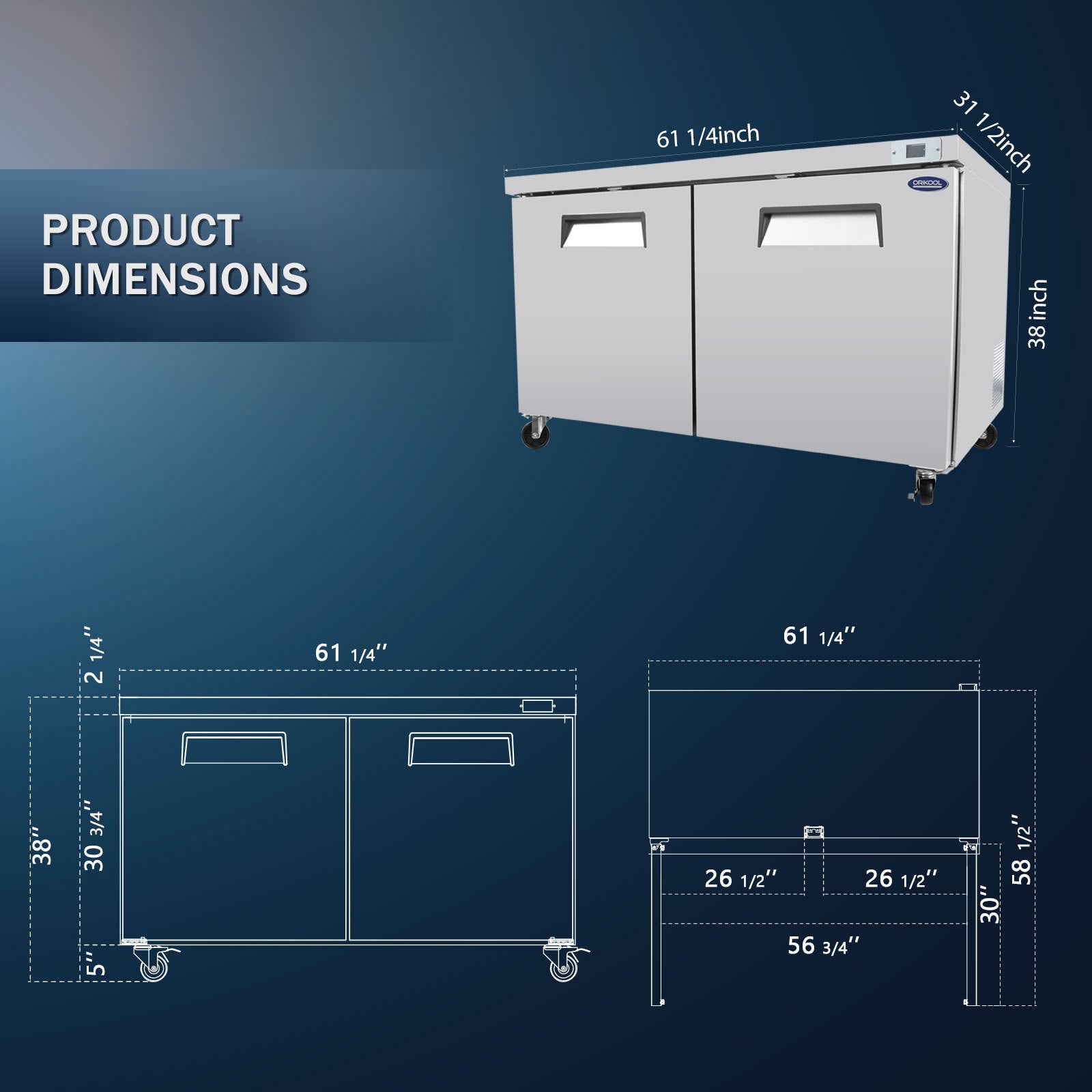 Orikool 60 IN Commercial Refrigerators, Undercounter Refrigerators 18.5 Cu.Ft with Smooth Casters, 2 Doors, ETL Listed for Restaurants, Cafes, Bars And Pizzerias - 1st Choice Furniture Direct