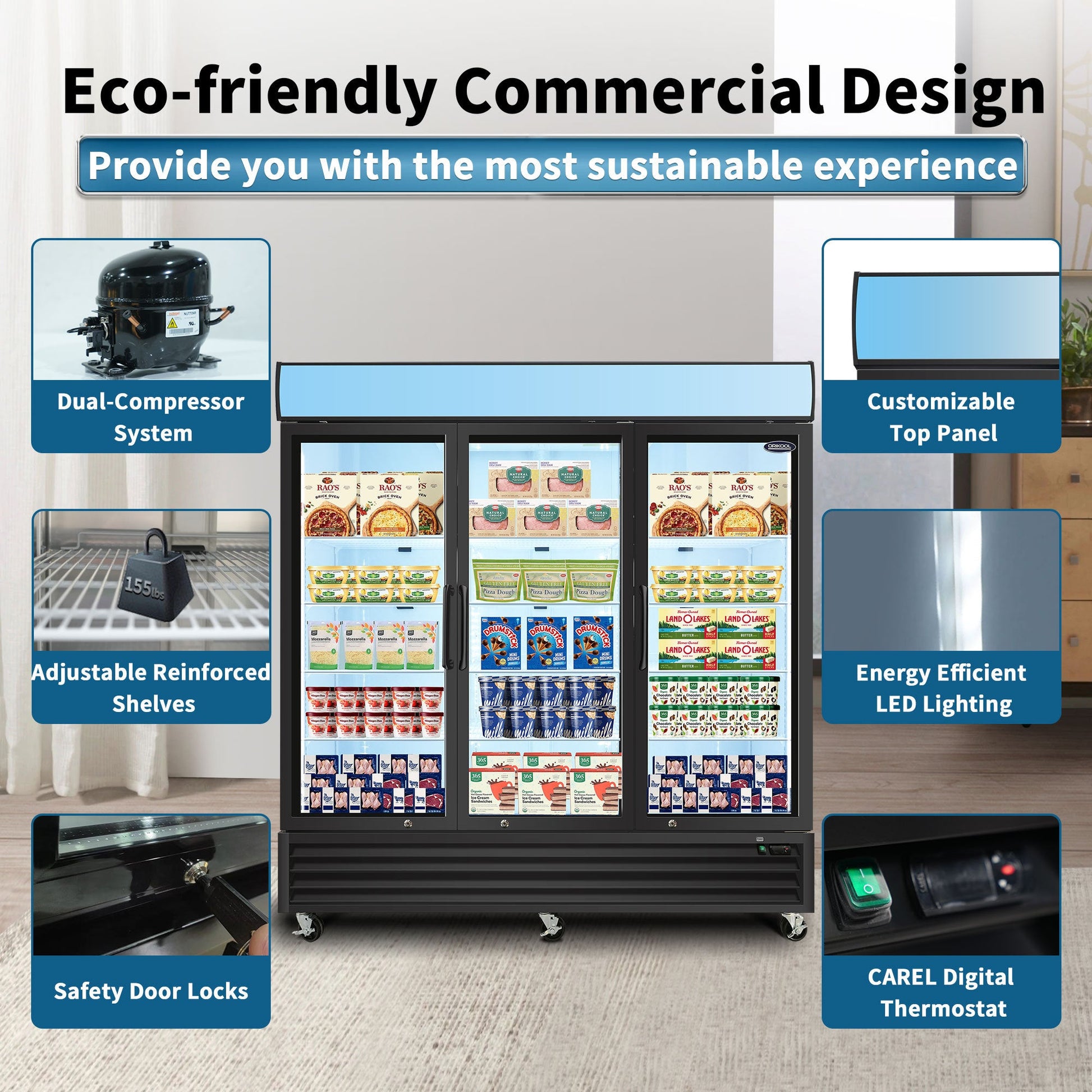 ORIKOOL Glass Door Merchandiser Freezer 70 Cu.ft Swing Door Commercial Reach - In Display Freezers with LED Top Panel Upright Freeze Storage - 1st Choice Furniture Direct