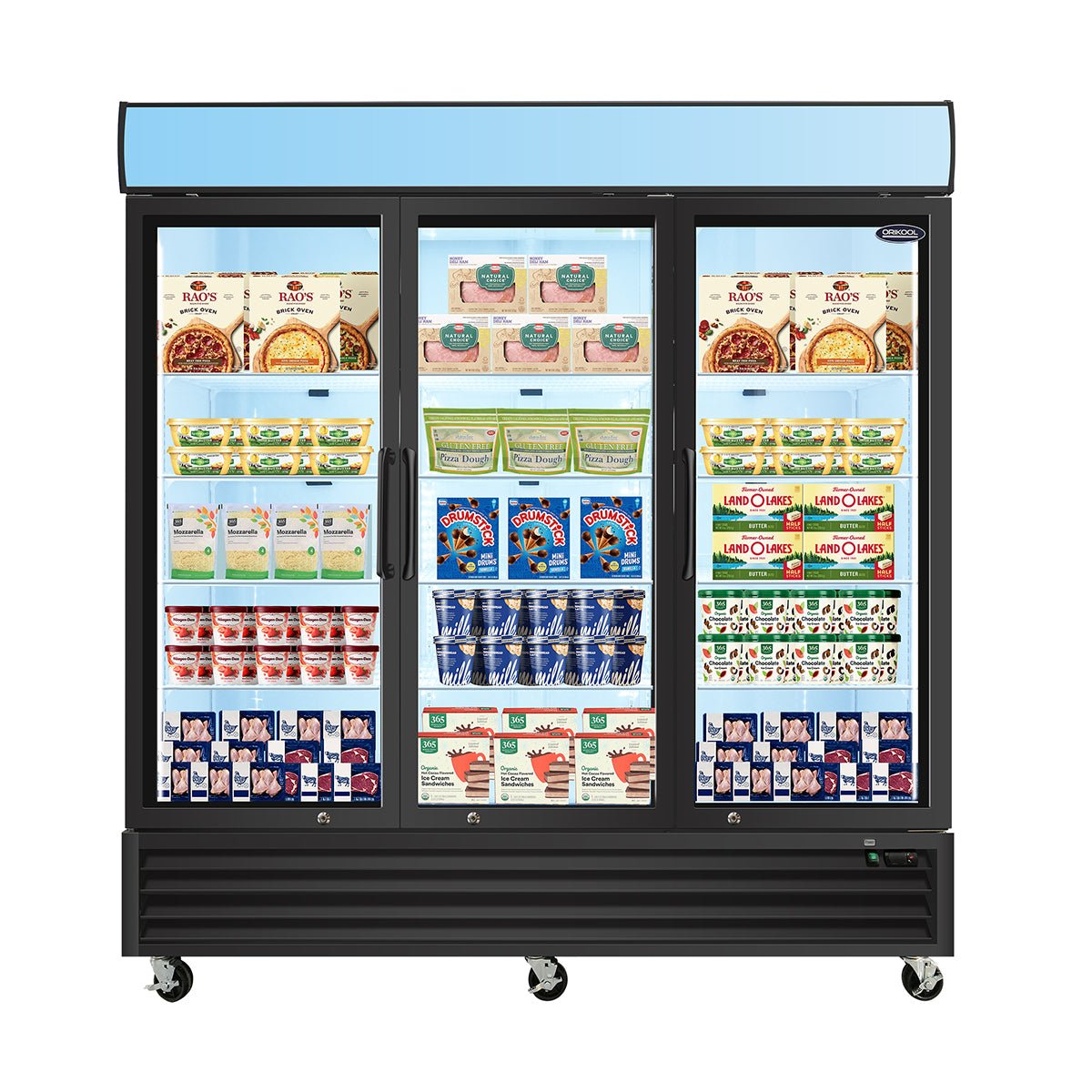 ORIKOOL Glass Door Merchandiser Freezer 70 Cu.ft Swing Door Commercial Reach - In Display Freezers with LED Top Panel Upright Freeze Storage - 1st Choice Furniture Direct