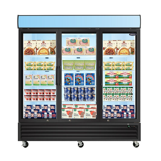 ORIKOOL Glass Door Merchandiser Freezer 70 Cu.ft Swing Door Commercial Reach - In Display Freezers with LED Top Panel Upright Freeze Storage - 1st Choice Furniture Direct