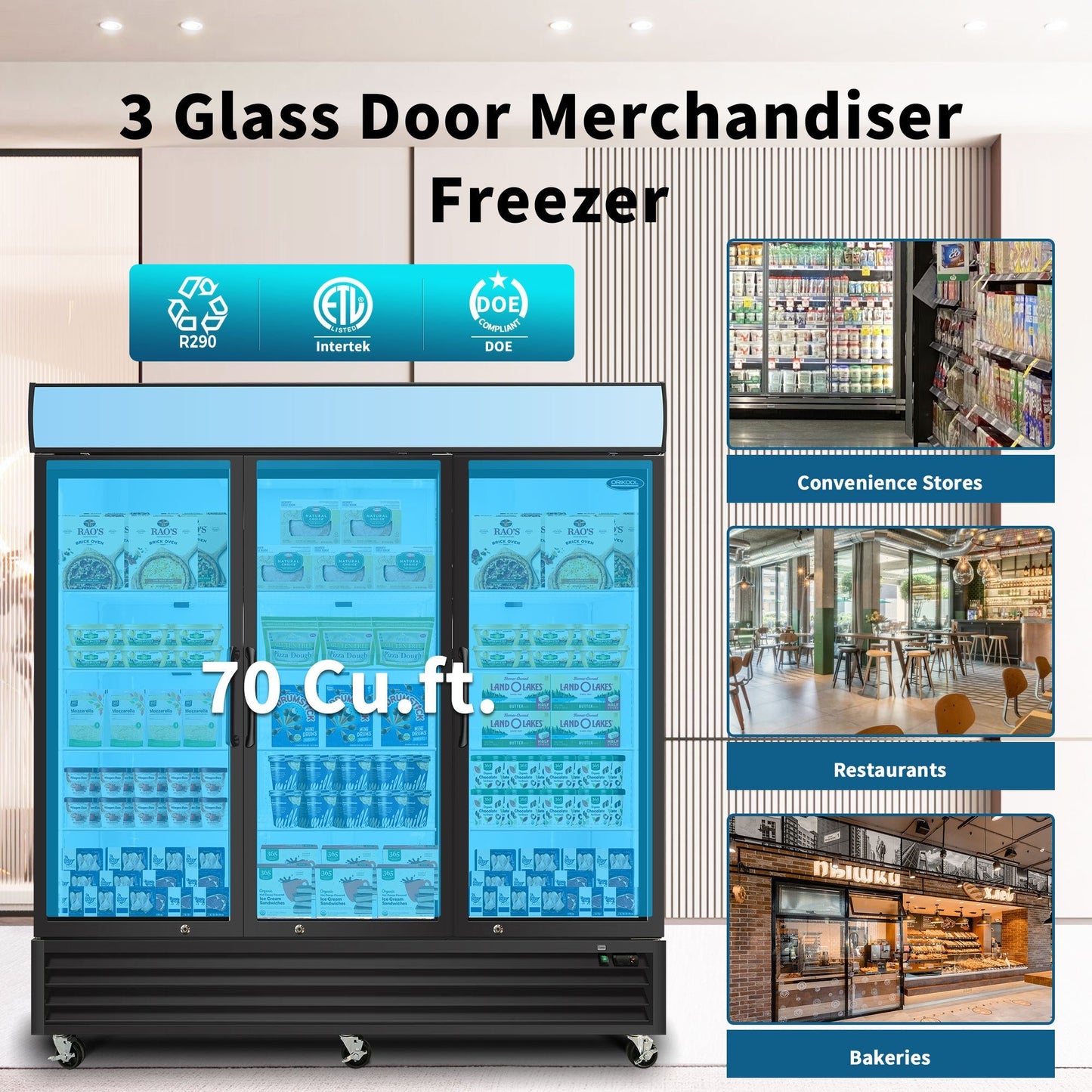 ORIKOOL Glass Door Merchandiser Freezer 70 Cu.ft Swing Door Commercial Reach - In Display Freezers with LED Top Panel Upright Freeze Storage - 1st Choice Furniture Direct