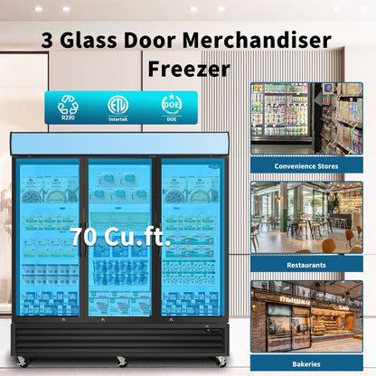 ORIKOOL Glass Door Merchandiser Freezer 70 Cu.ft Swing Door Commercial Reach - In Display Freezers with LED Top Panel Upright Freeze Storage - 1st Choice Furniture Direct