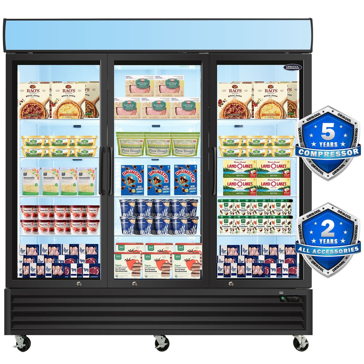 ORIKOOL Glass Door Merchandiser Freezer 70 Cu.ft Swing Door Commercial Reach - In Display Freezers with LED Top Panel Upright Freeze Storage - 1st Choice Furniture Direct