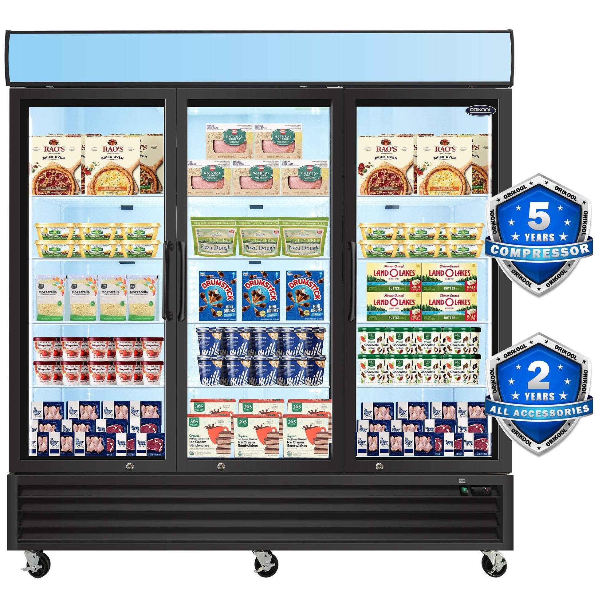 ORIKOOL Glass Door Merchandiser Freezer 70 Cu.ft Swing Door Commercial Reach - In Display Freezers with LED Top Panel Upright Freeze Storage - 1st Choice Furniture Direct