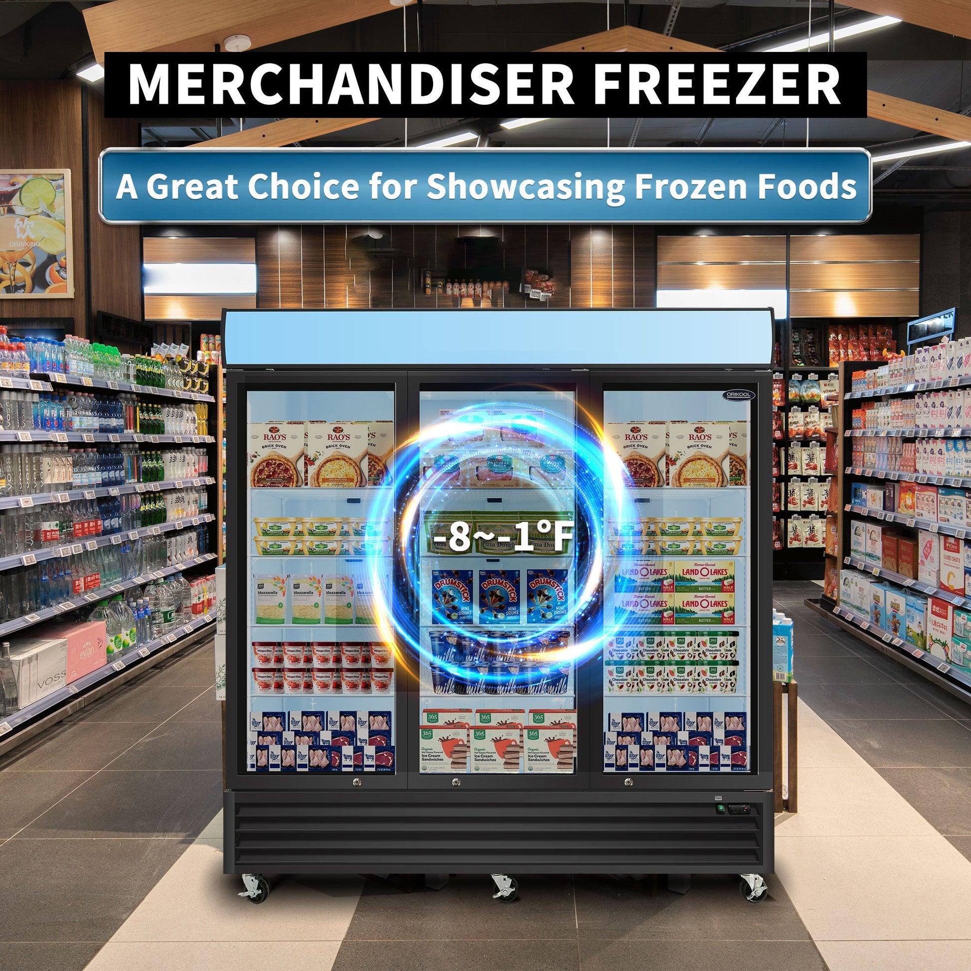 ORIKOOL Glass Door Merchandiser Freezer 70 Cu.ft Swing Door Commercial Reach - In Display Freezers with LED Top Panel Upright Freeze Storage - 1st Choice Furniture Direct
