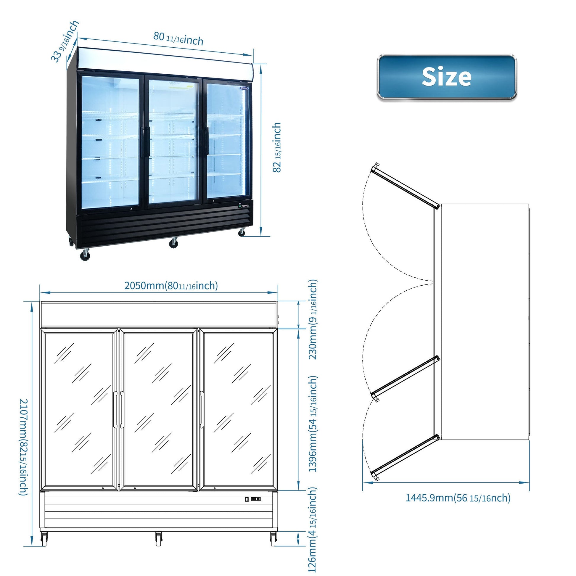 ORIKOOL Glass Door Merchandiser Freezer 70 Cu.ft Swing Door Commercial Reach - In Display Freezers with LED Top Panel Upright Freeze Storage - 1st Choice Furniture Direct