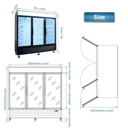 ORIKOOL Glass Door Merchandiser Freezer 70 Cu.ft Swing Door Commercial Reach - In Display Freezers with LED Top Panel Upright Freeze Storage - 1st Choice Furniture Direct