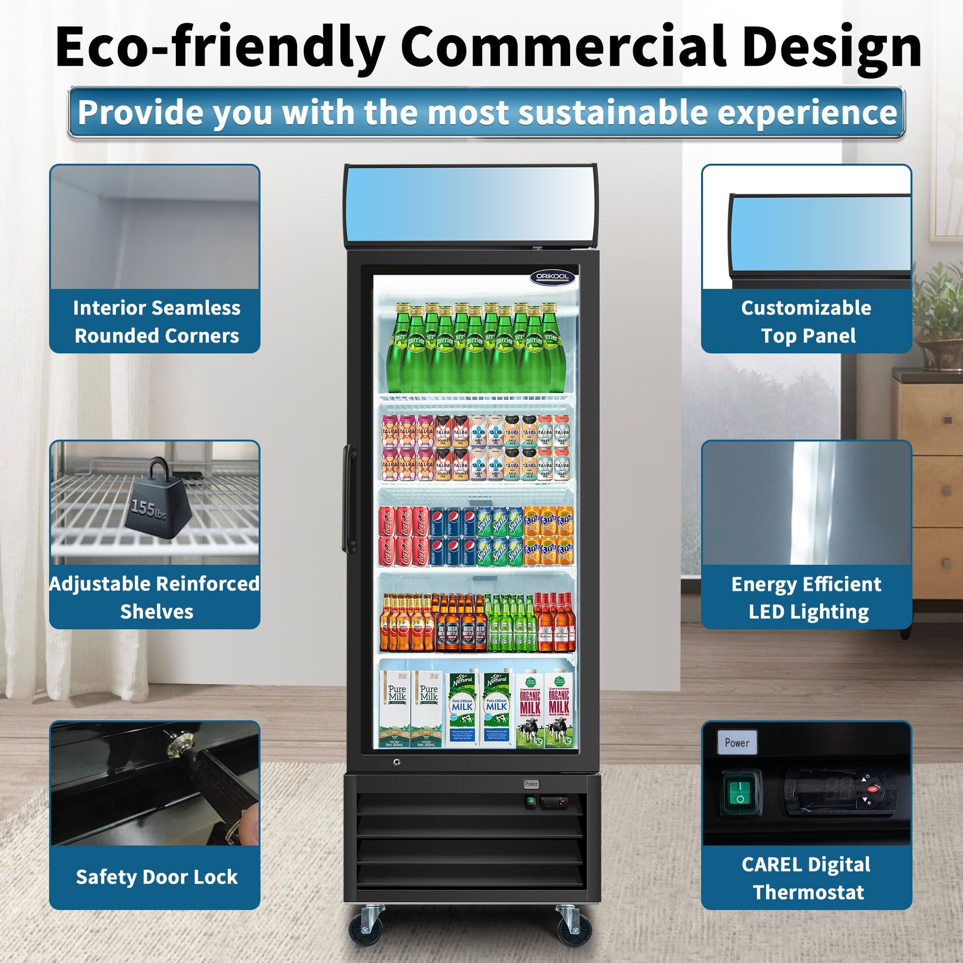 ORIKOOL Glass Door Merchandiser Refrigerator 19.3 Cu.ft Swing Door Commercial Display Refrigerators Merchandising Refrigeration with LED Top Panel - 1st Choice Furniture Direct