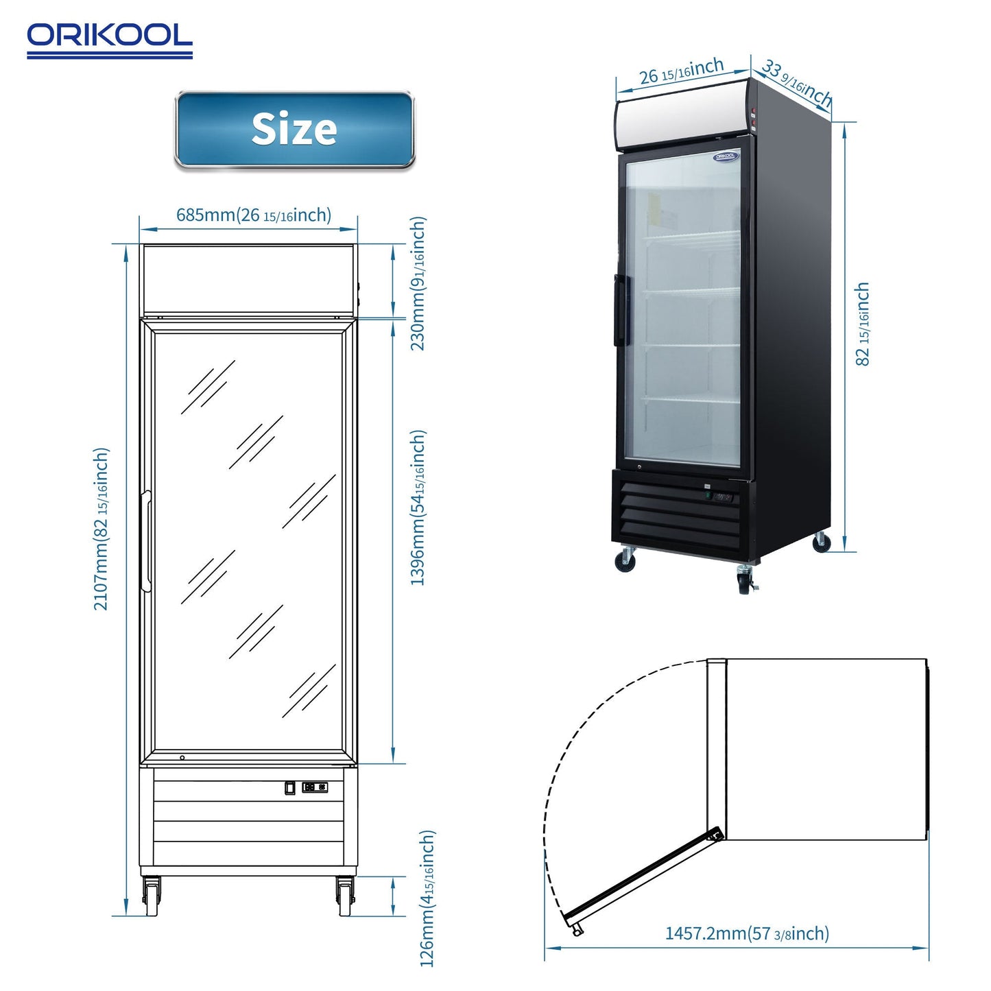 ORIKOOL Glass Door Merchandiser Refrigerator 19.3 Cu.ft Swing Door Commercial Display Refrigerators Merchandising Refrigeration with LED Top Panel - 1st Choice Furniture Direct