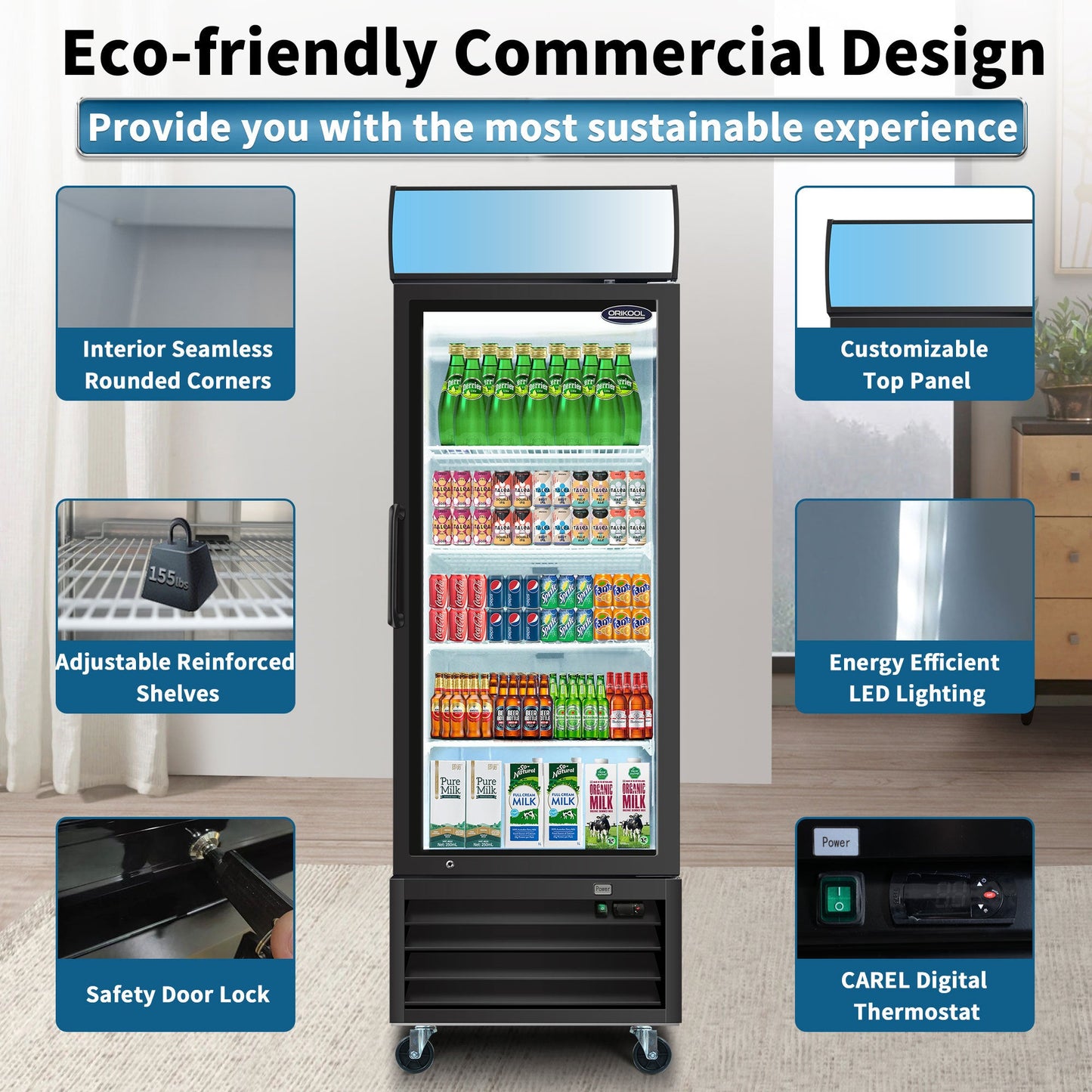 ORIKOOL Glass Door Merchandiser Refrigerator 19.3 Cu.ft Swing Door Commercial Display Refrigerators Merchandising Refrigeration with LED Top Panel - 1st Choice Furniture Direct