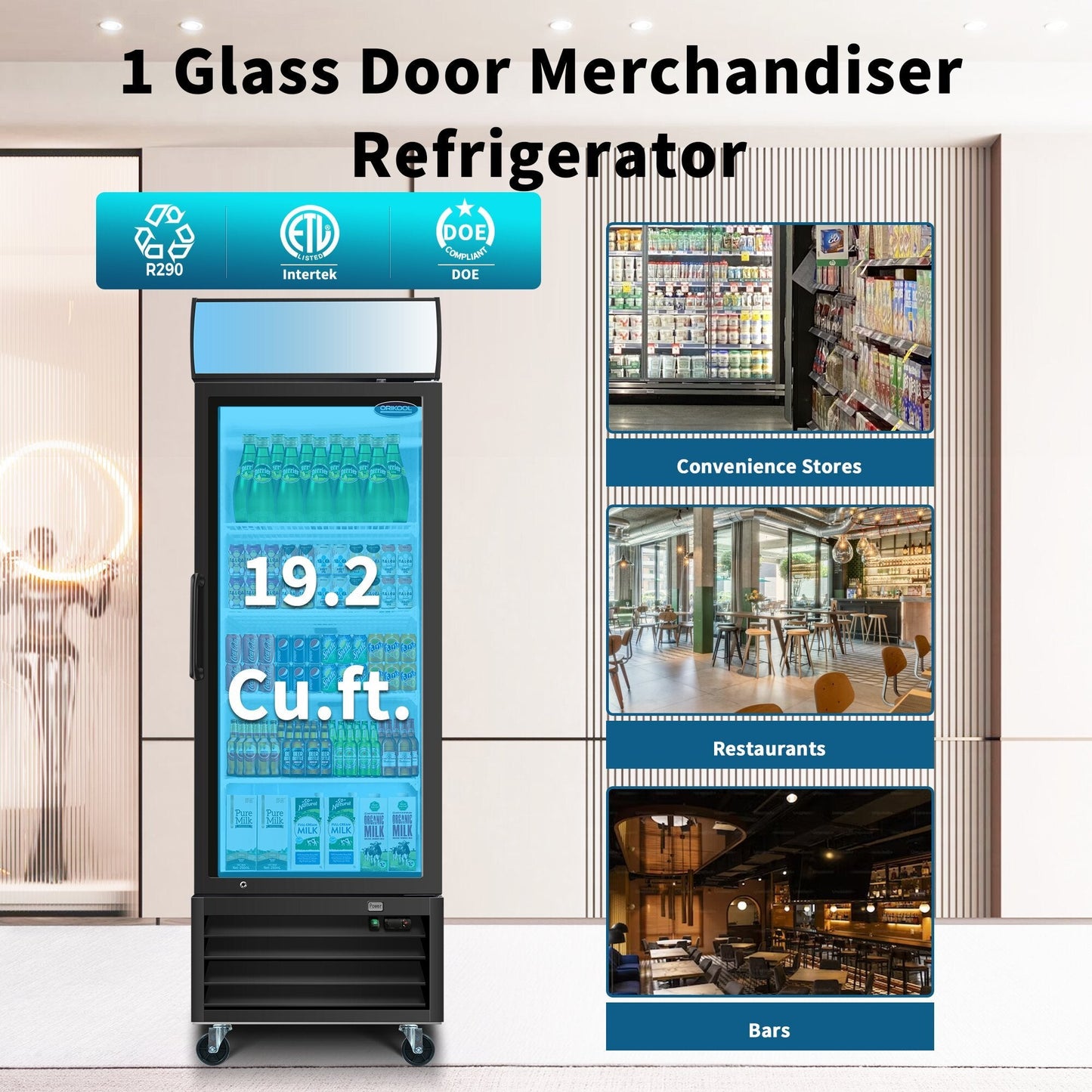 ORIKOOL Glass Door Merchandiser Refrigerator 19.3 Cu.ft Swing Door Commercial Display Refrigerators Merchandising Refrigeration with LED Top Panel - 1st Choice Furniture Direct