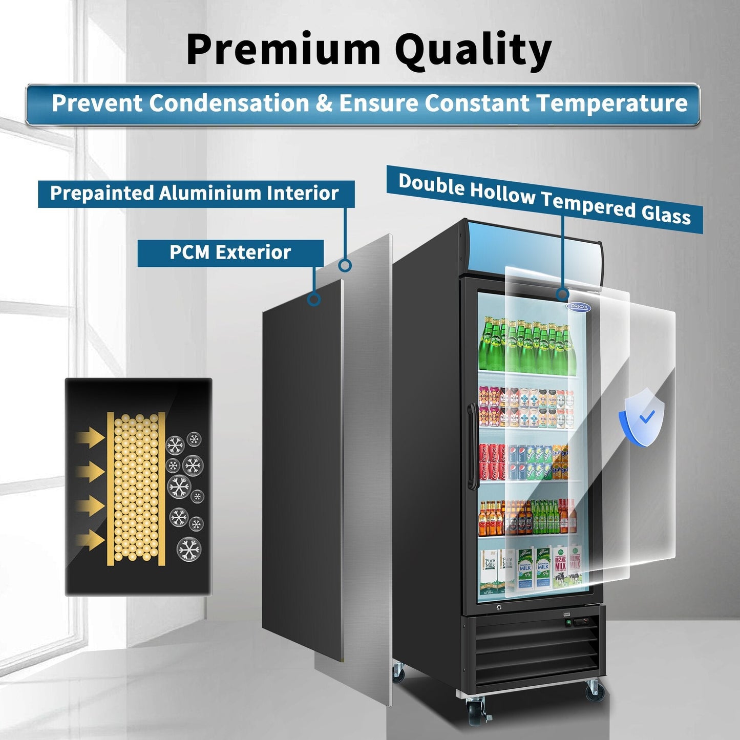 ORIKOOL Glass Door Merchandiser Refrigerator 19.3 Cu.ft Swing Door Commercial Display Refrigerators Merchandising Refrigeration with LED Top Panel - 1st Choice Furniture Direct