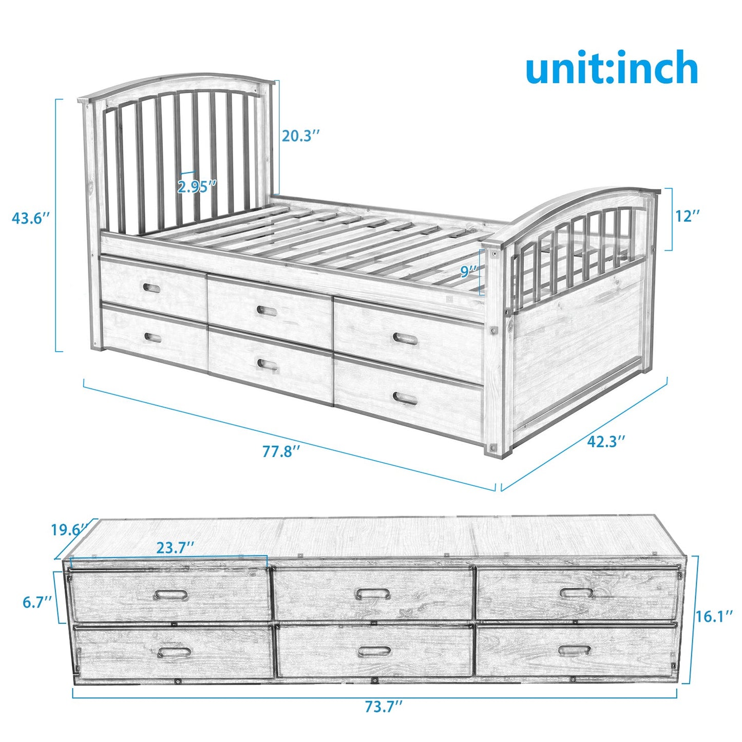 Orisfur. Twin Size Platform Storage Bed Solid Wood Bed with 6 Drawers - 1st Choice Furniture Direct