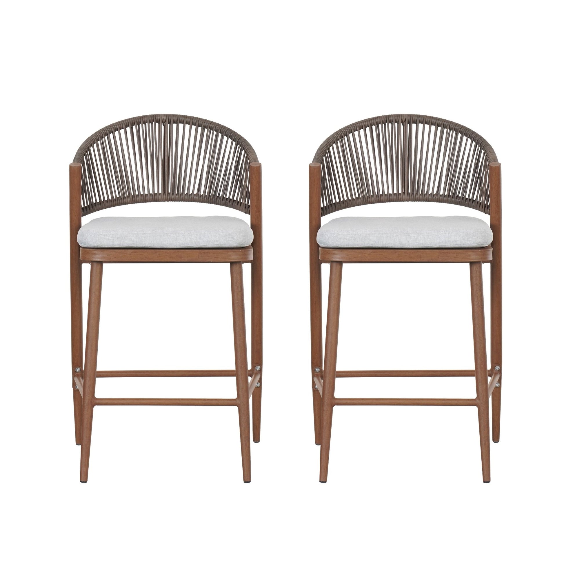 Outdoor 26' Counter Height Aluminum Frame Counter Stools with Scallop - shaped Backrest & Water - resistant Cushions, Set of 2, Teak Finish - 1st Choice Furniture Direct