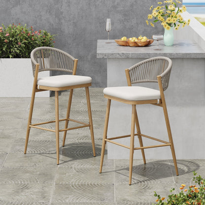 Outdoor 30.25' Bar Height Aluminum Frame Counter Stools with Scallop - shaped Backrest & Water - resistant Cushions, Set of 2, Maple Finish - 1st Choice Furniture Direct