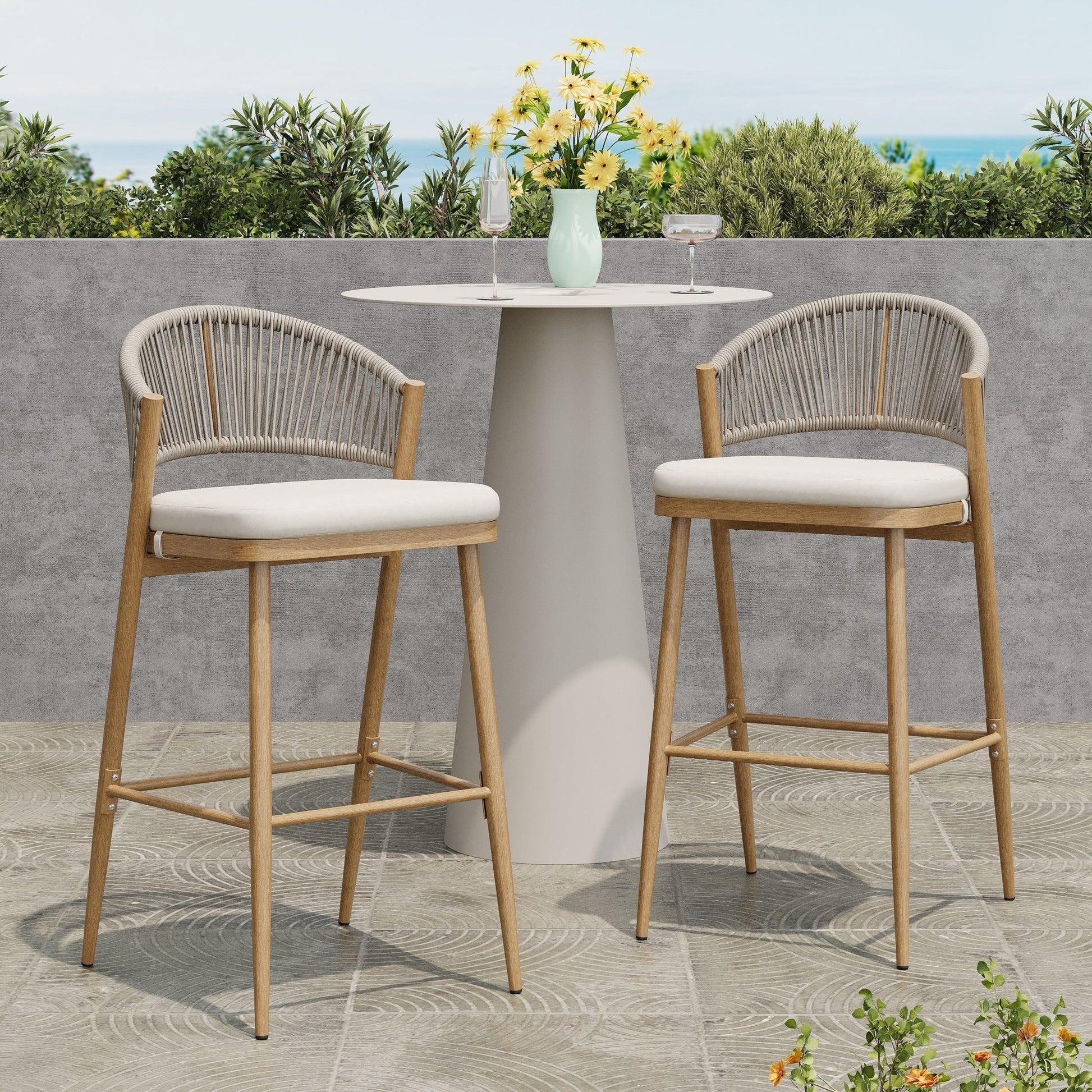 Outdoor 30.25' Bar Height Aluminum Frame Counter Stools with Scallop - shaped Backrest & Water - resistant Cushions, Set of 2, Maple Finish - 1st Choice Furniture Direct