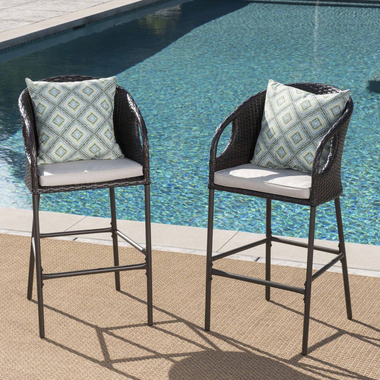 Outdoor 31' PE Rattan Barstools with Waterproof Cushions, Set of 2, Multibrown - 1st Choice Furniture Direct