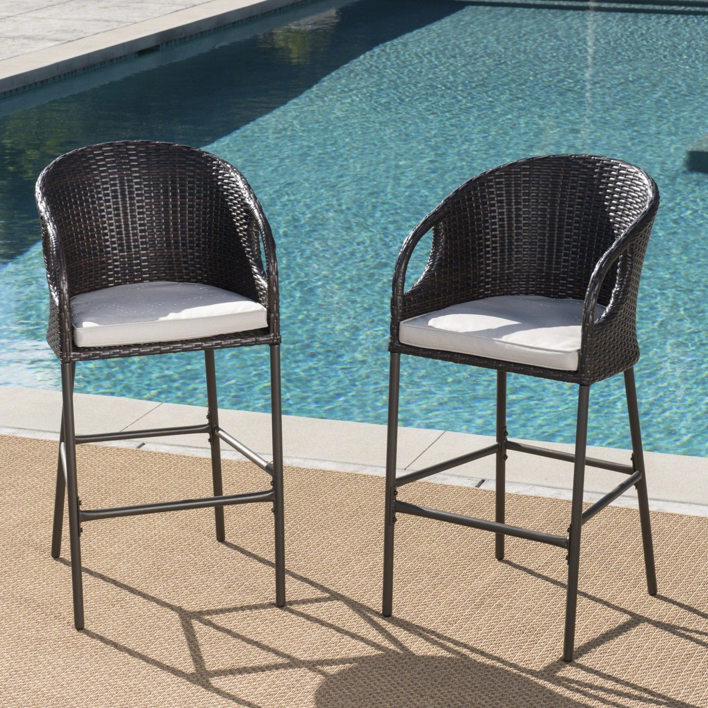 Outdoor 31' PE Rattan Barstools with Waterproof Cushions, Set of 2, Multibrown - 1st Choice Furniture Direct