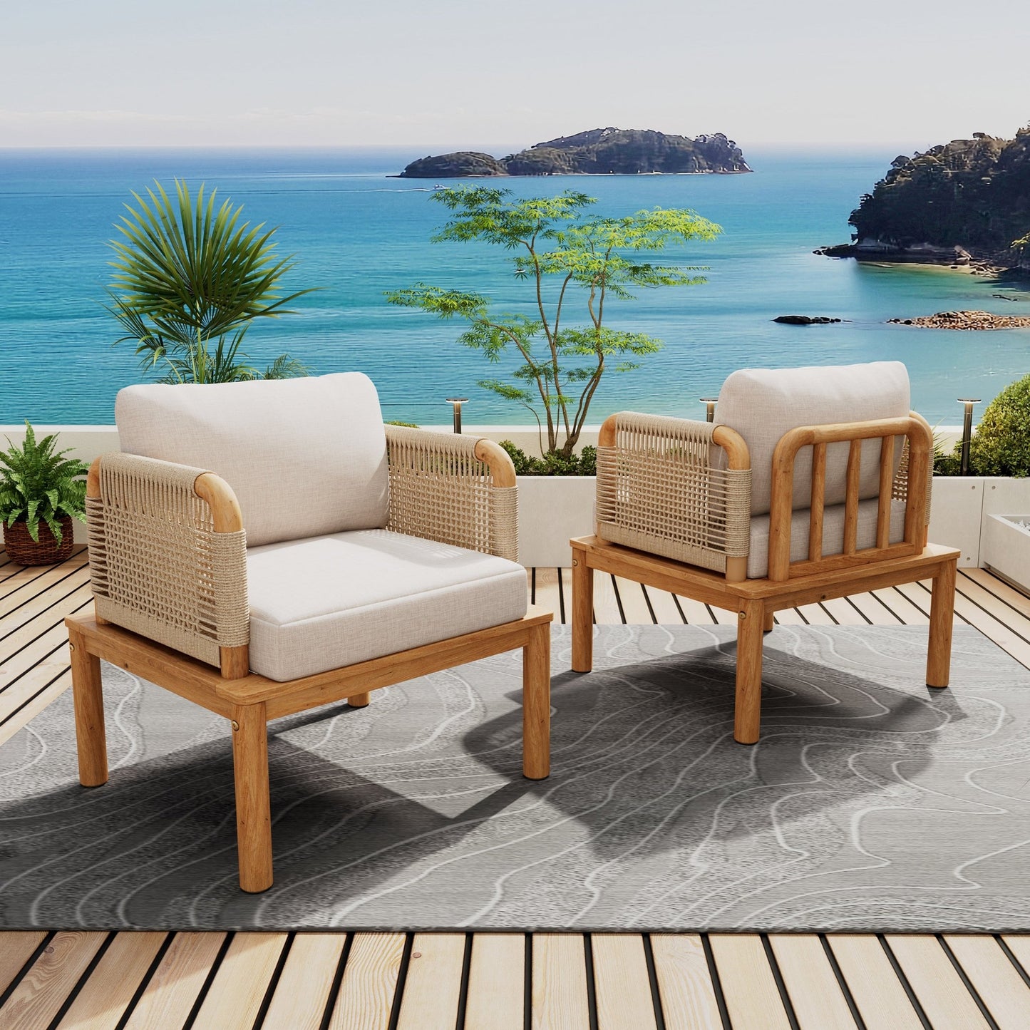 Outdoor Acacia Wood and Rope Club Chair with Cushions (Set of 2 / MP2) - 1st Choice Furniture Direct