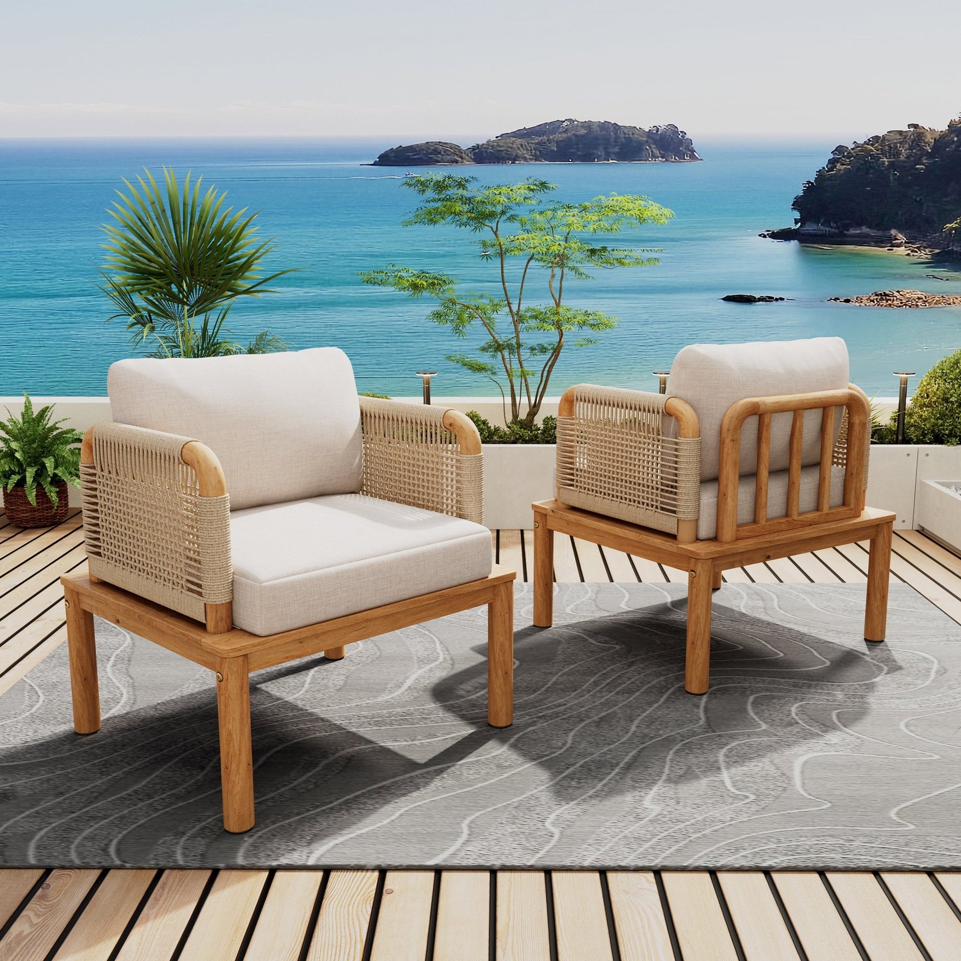 Outdoor Acacia Wood and Rope Club Chair with Cushions (Set of 2 / MP2) - 1st Choice Furniture Direct
