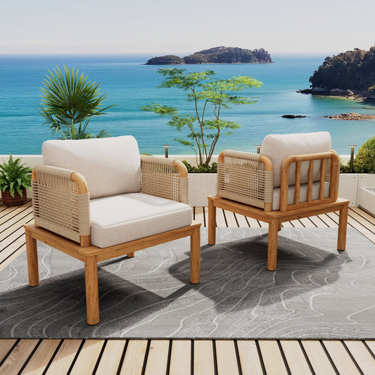 Outdoor Acacia Wood and Rope Club Chair with Cushions (Set of 2 / MP2) - 1st Choice Furniture Direct