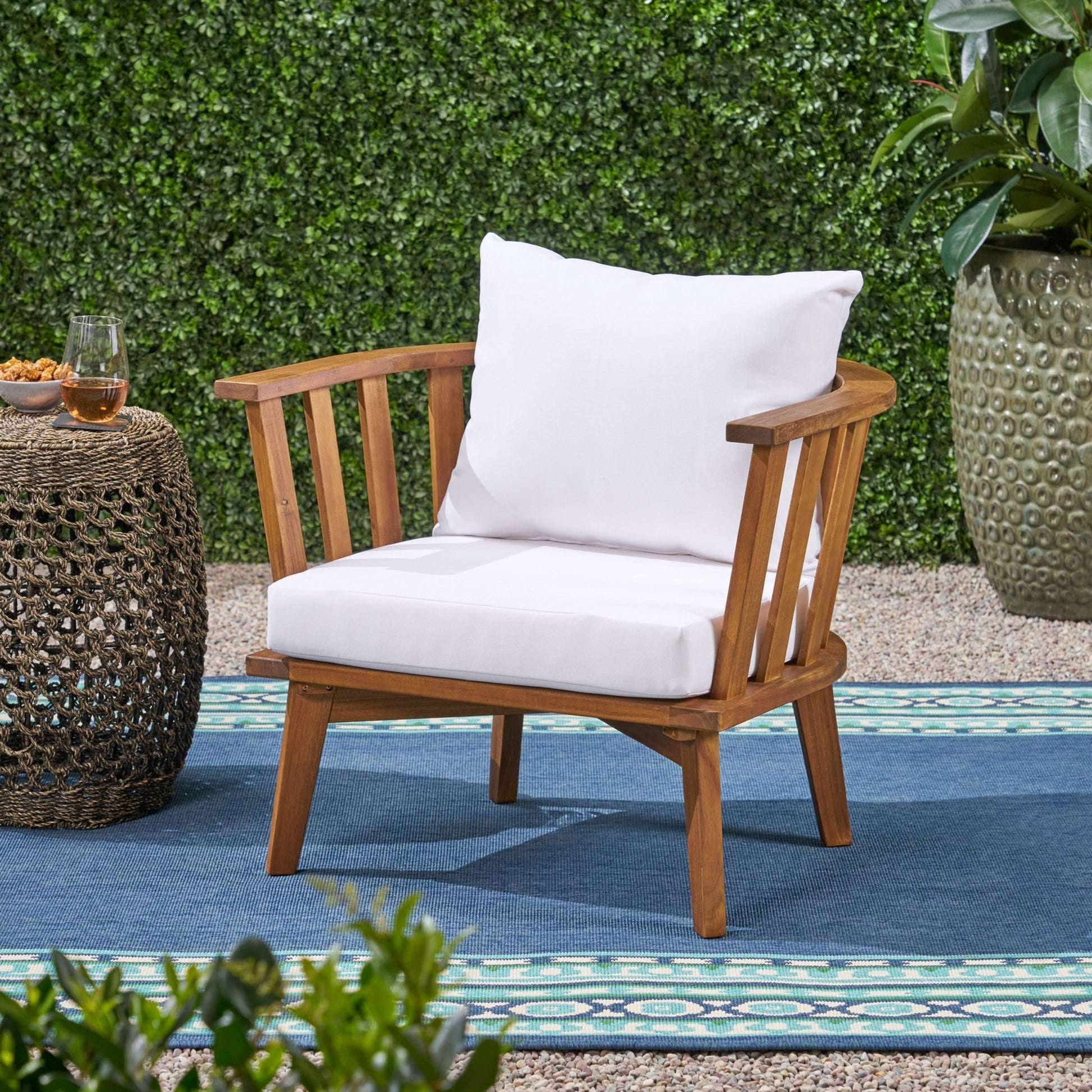 Outdoor Acacia Wood Club Chair with Cushions – Rustic Patio Deep Seating Armchair - 1st Choice Furniture Direct