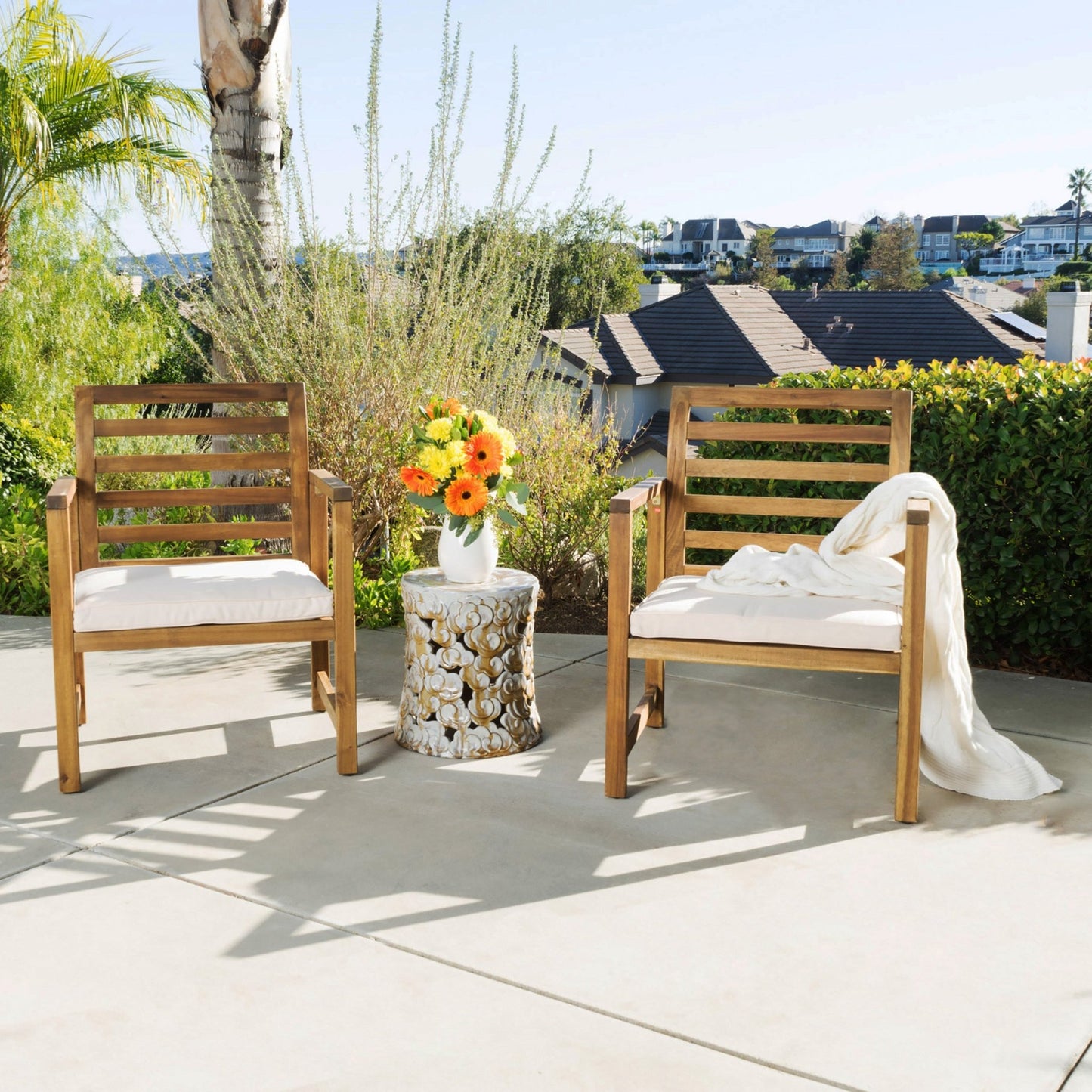 Outdoor Acacia Wood Club Chairs, 2 - Pcs Set, Natural Stained / White, 25.5'D x 24.5'W x 33.0'H - 1st Choice Furniture Direct