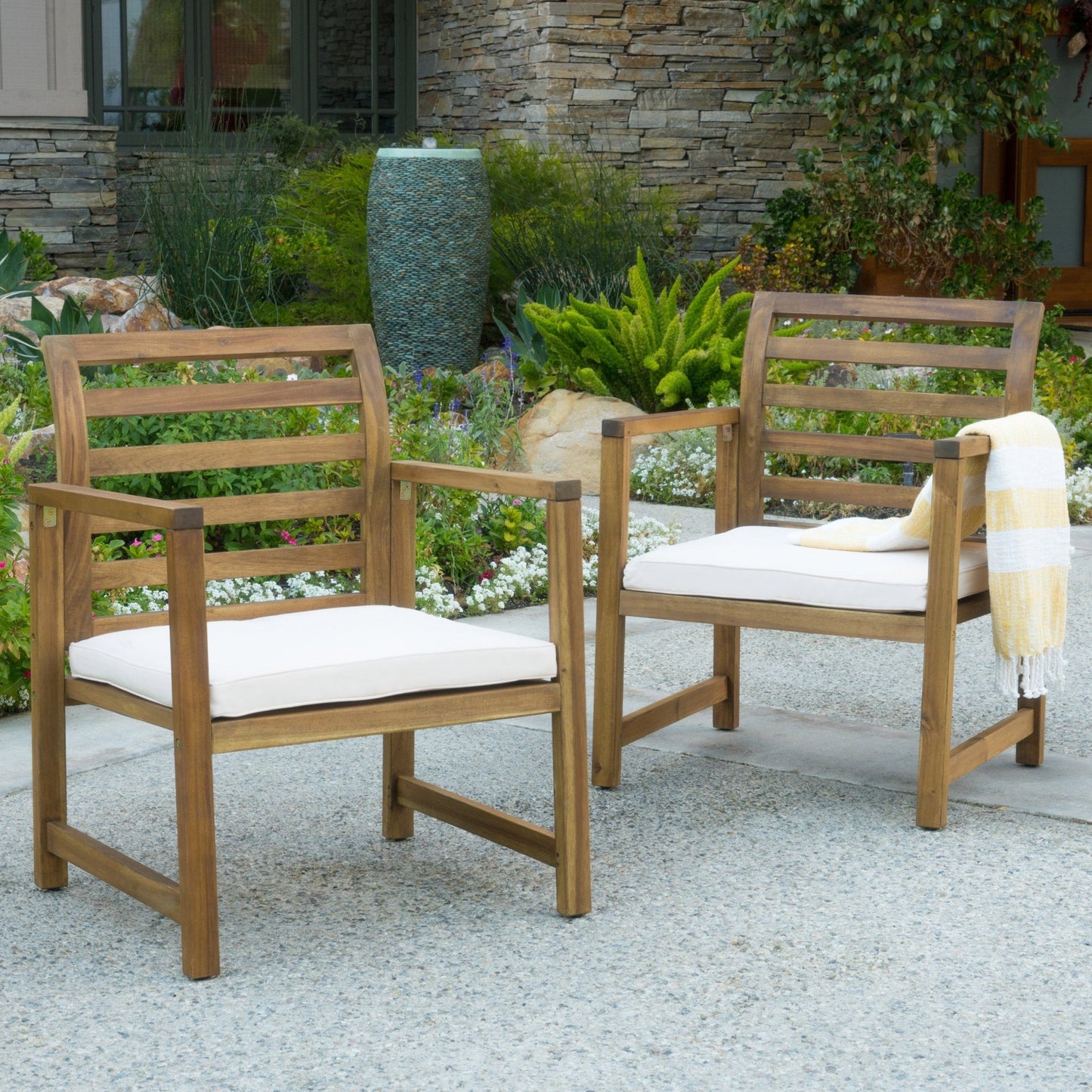 Outdoor Acacia Wood Club Chairs, 2 - Pcs Set, Natural Stained / White, 25.5'D x 24.5'W x 33.0'H - 1st Choice Furniture Direct