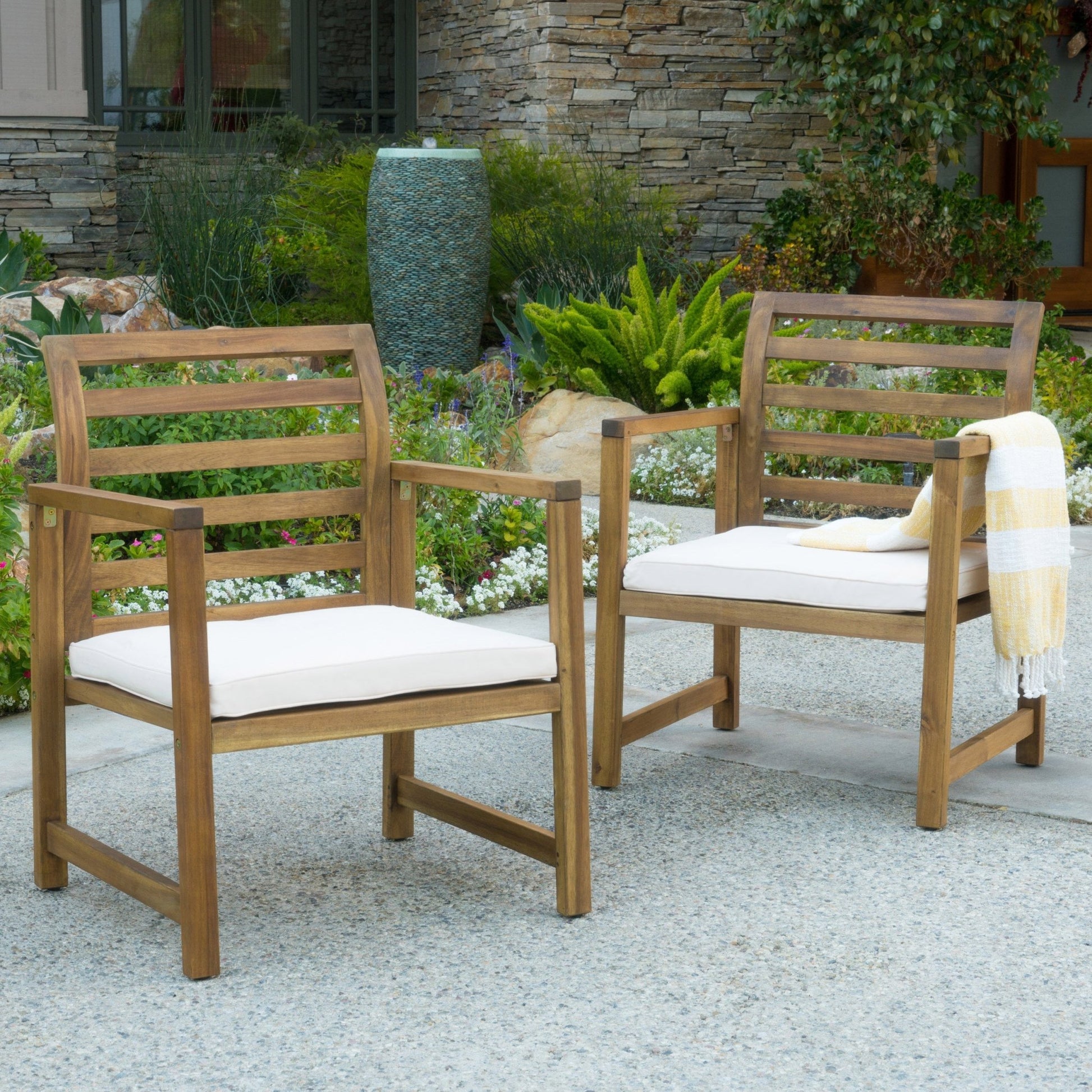 Outdoor Acacia Wood Club Chairs, 2 - Pcs Set, Natural Stained / White, 25.5'D x 24.5'W x 33.0'H - 1st Choice Furniture Direct