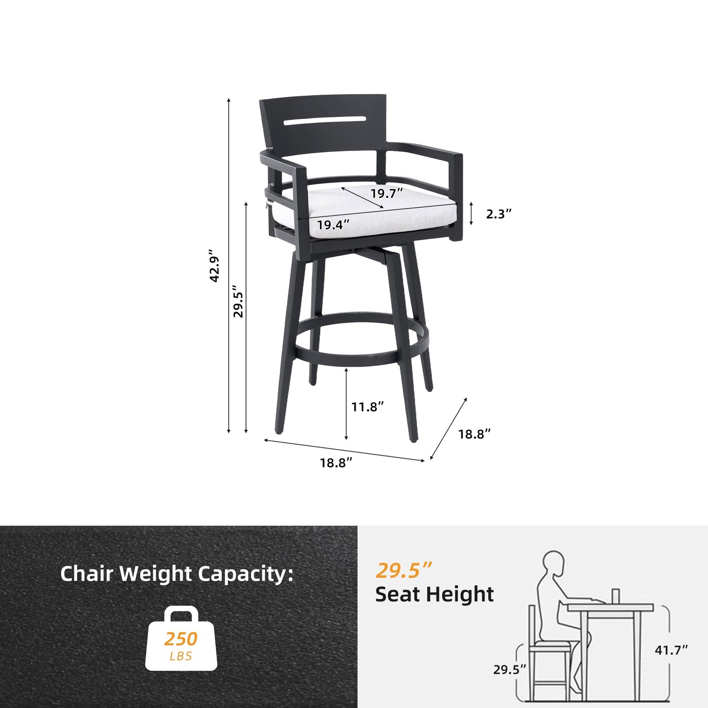 Outdoor Aluminum Swivel Bar Chair with Sunbrella Cushion | Ember Black - 1st Choice Furniture Direct