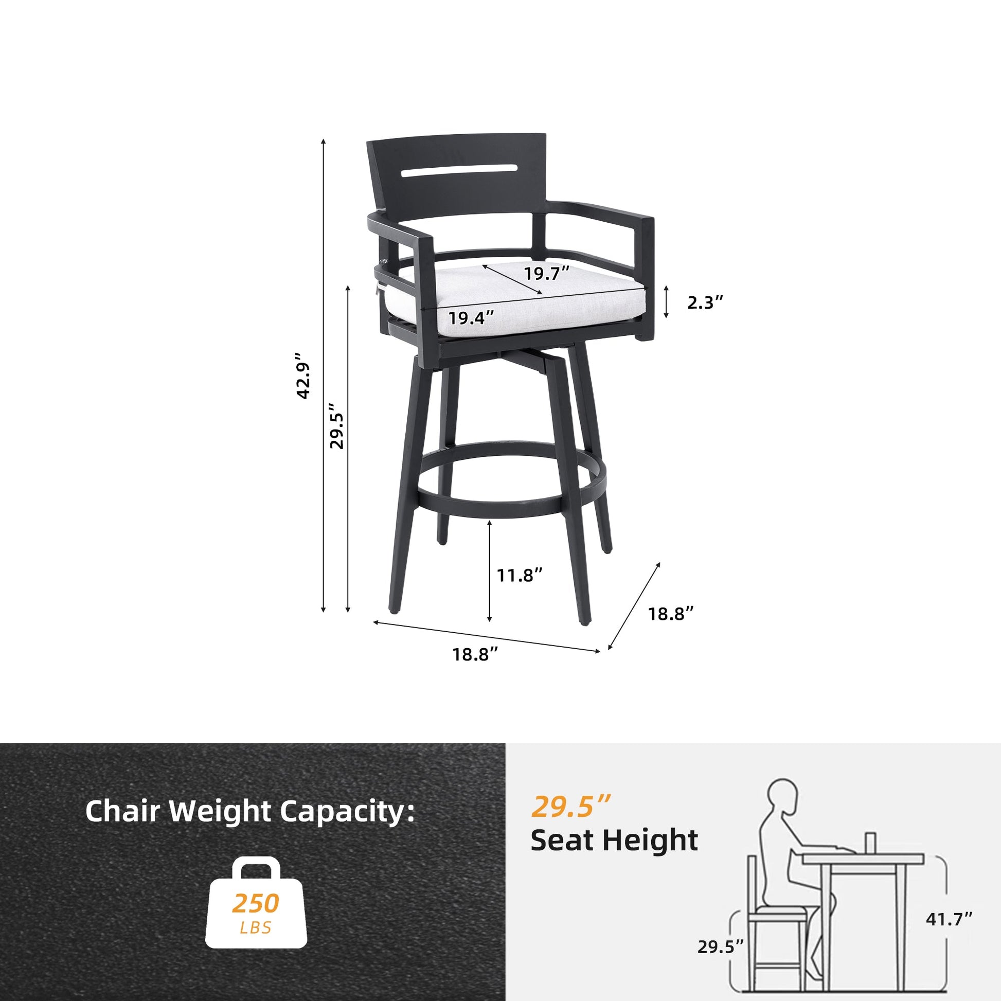 Outdoor Aluminum Swivel Bar Chair with Sunbrella Cushion | Ember Black - 1st Choice Furniture Direct