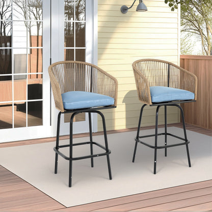 Outdoor Bar Stools Set of 2, 2 - Piece Patio Bar Stools with Armrests, All Weather Rattan Bar Chairs with Backrest, Wicker Bar Stools for Backyard, Garden, Pool, Balcony and Deck - Blue - 1st Choice Furniture Direct
