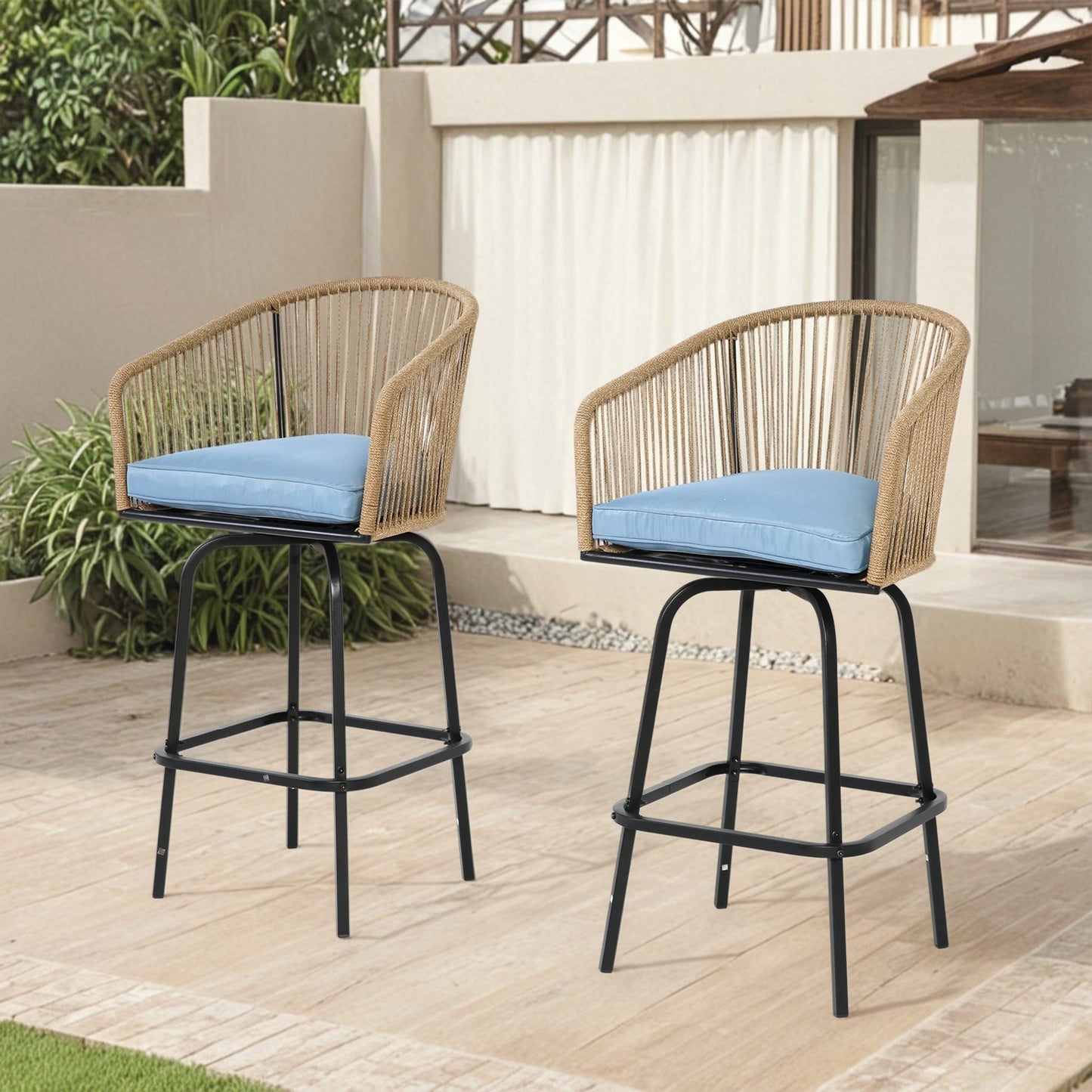 Outdoor Bar Stools Set of 2, 2 - Piece Patio Bar Stools with Armrests, All Weather Rattan Bar Chairs with Backrest, Wicker Bar Stools for Backyard, Garden, Pool, Balcony and Deck - Blue - 1st Choice Furniture Direct