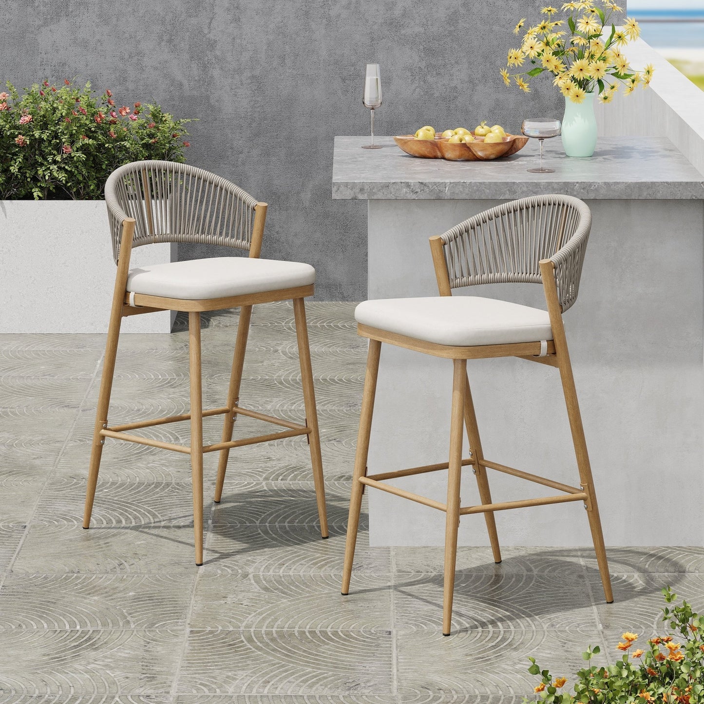 Outdoor Bar Stools Set of 2 | Aluminum Frame Counter Chairs with Cushions (Maple Finish) - 1st Choice Furniture Direct