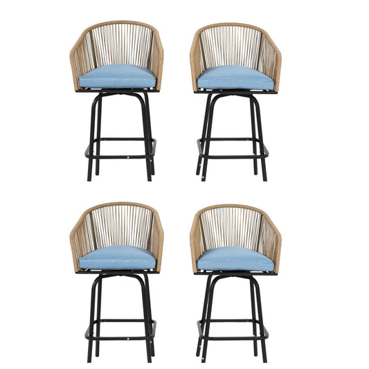 Outdoor Bar Stools Set of 4, 4 - Piece Patio Bar Stools with Armrests, All Weather Rattan Bar Chairs with Backrest, Wicker Bar Stools for Backyard, Garden, Pool, Balcony and Deck - Blue - 1st Choice Furniture Direct