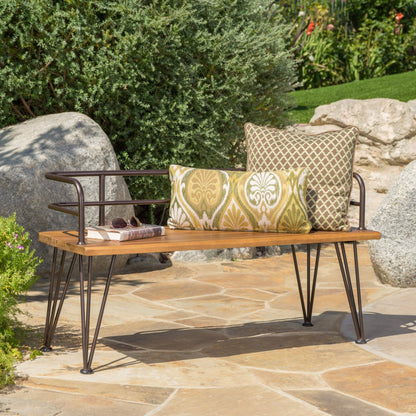 Outdoor Bench with Powder Coated Iron Frame, Teak - 1st Choice Furniture Direct