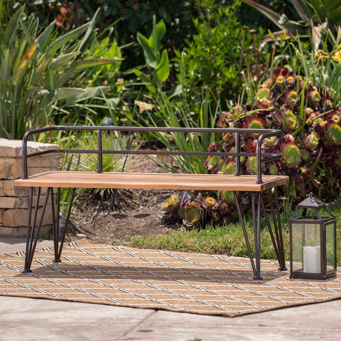 Outdoor Bench with Powder Coated Iron Frame, Teak - 1st Choice Furniture Direct