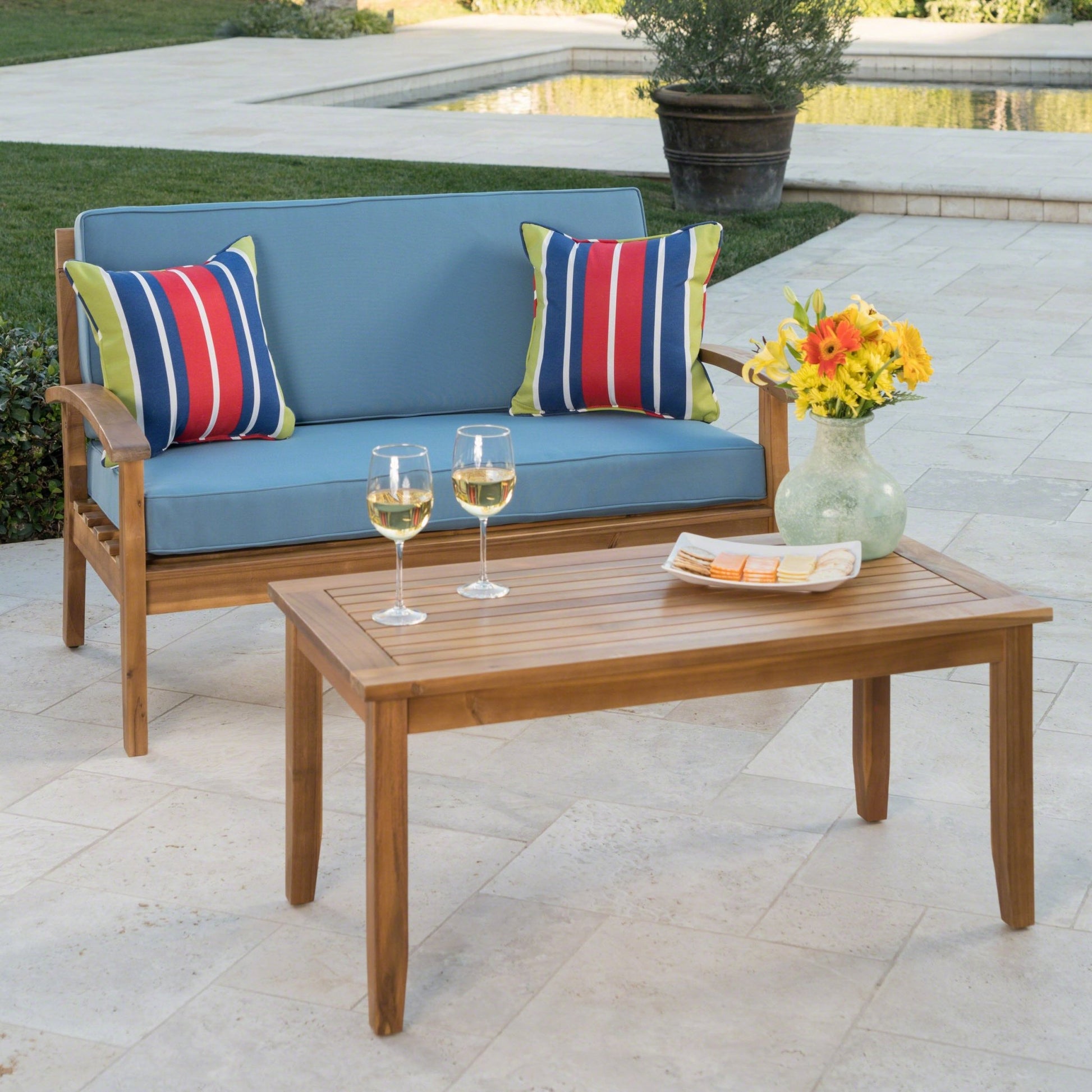 Outdoor Chat Set with Coffee Table and Loveseat, Teak - 1st Choice Furniture Direct