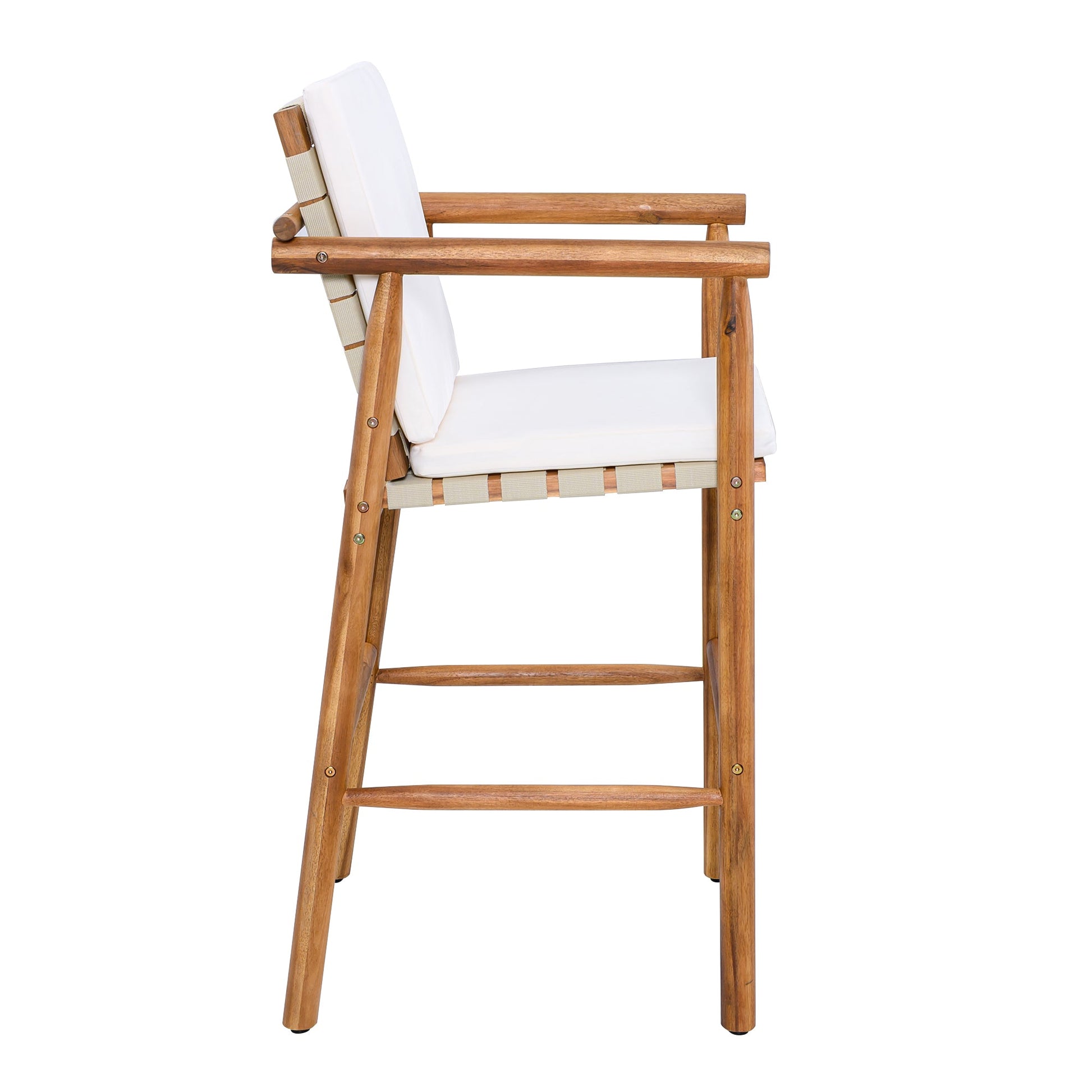 Outdoor Counter Height Bar Stools Chair Set of 2, Modern Patio Acacia Wooden Stools with Backrest Arm and Webbing Seat, for Patio, Pool, Garden, Beige Cushions Included - 1st Choice Furniture Direct