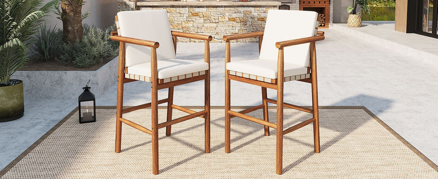 Outdoor Counter Height Bar Stools Chair Set of 2, Modern Patio Acacia Wooden Stools with Backrest Arm and Webbing Seat, for Patio, Pool, Garden, Beige Cushions Included - 1st Choice Furniture Direct