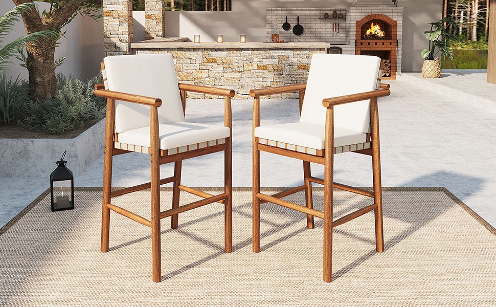 Outdoor Counter Height Bar Stools Chair Set of 2, Modern Patio Acacia Wooden Stools with Backrest Arm and Webbing Seat, for Patio, Pool, Garden, Beige Cushions Included - 1st Choice Furniture Direct